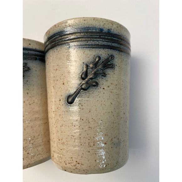 Hand Thrown Art Pottery Stoneware Tumblers Set signed RM Blue Leaf Textured Pair - Picture 9 of 9